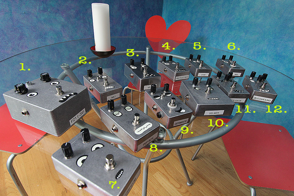 Wanker's Dozen: twelve Germanium fuzz pedals compete on a level playing field.