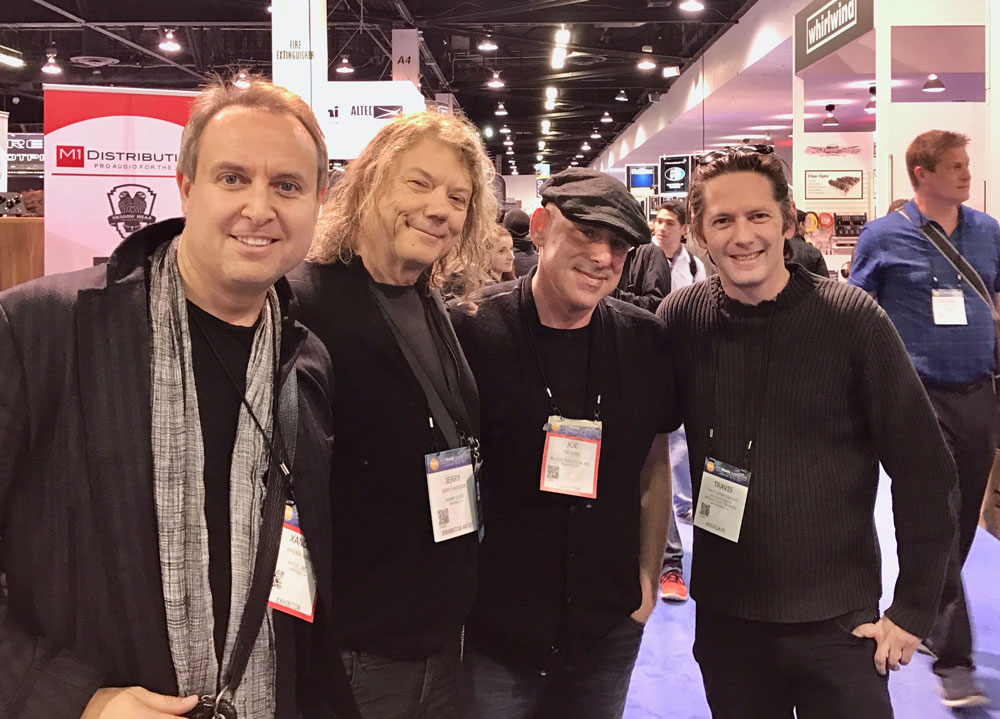 My NorCal crew [L-R]: Xander Soren, the mastermind in charge of music apps at Apple (and a fine player); Talking Head and producer extraordinaire Jerry Harrison; some schnook; engineer, producer, producer, and cool guy Travis Kasperbauer.