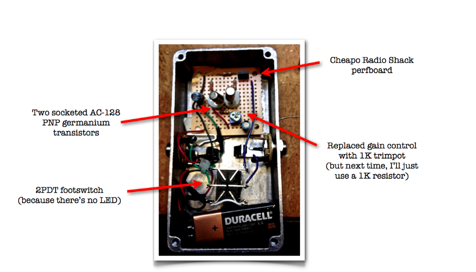 Here are the guts of my perfboard Fuzz Face. The tone is identical to the vero board version.